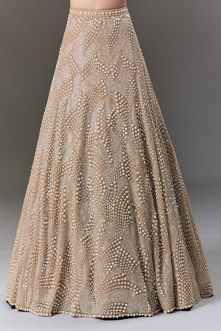 Seema Gujral_Beige Net Pearls, Sequins V-neck And Embellished Lehenga Set _at_Aza_Fashions