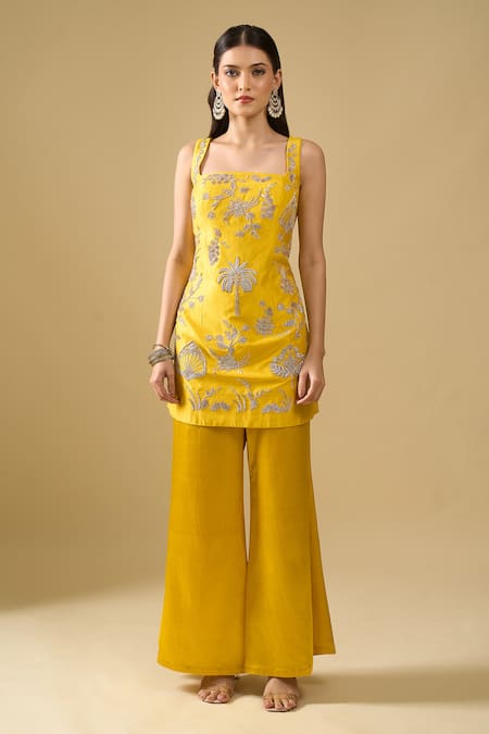 Archana Shah_Yellow Embroidery, Zari Square Neck Butta Palm Kurta Sharara Set _Online_at_Aza_Fashions