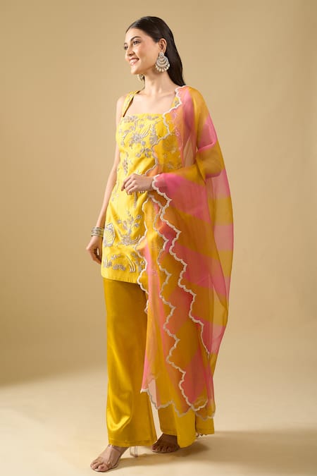 Shop_Archana Shah_Yellow Embroidery, Zari Square Neck Butta Palm Kurta Sharara Set _Online_at_Aza_Fashions
