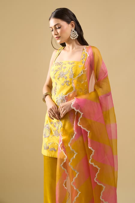 Archana Shah_Yellow Embroidery, Zari Square Neck Butta Palm Kurta Sharara Set _at_Aza_Fashions