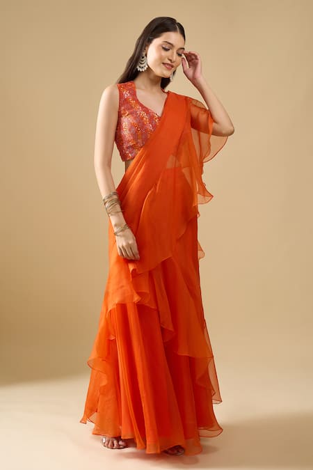 Buy_Archana Shah_Orange Organza Ruffles, Sequins V-neck Pre-draped Saree With Blouse _Online_at_Aza_Fashions