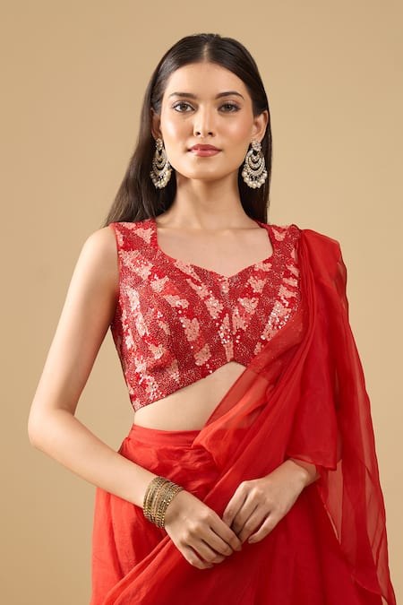 Archana Shah_Red Sequins V-neck Pre-draped Ruffle Saree With Blouse _Online_at_Aza_Fashions