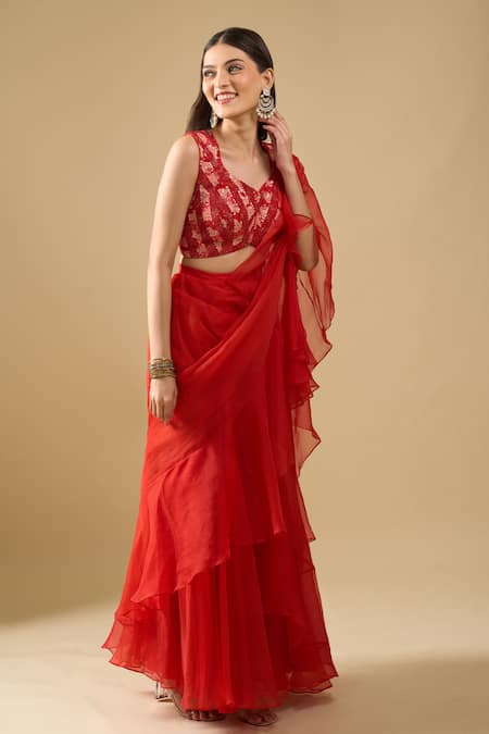 Buy_Archana Shah_Red Sequins V-neck Pre-draped Ruffle Saree With Blouse _Online_at_Aza_Fashions