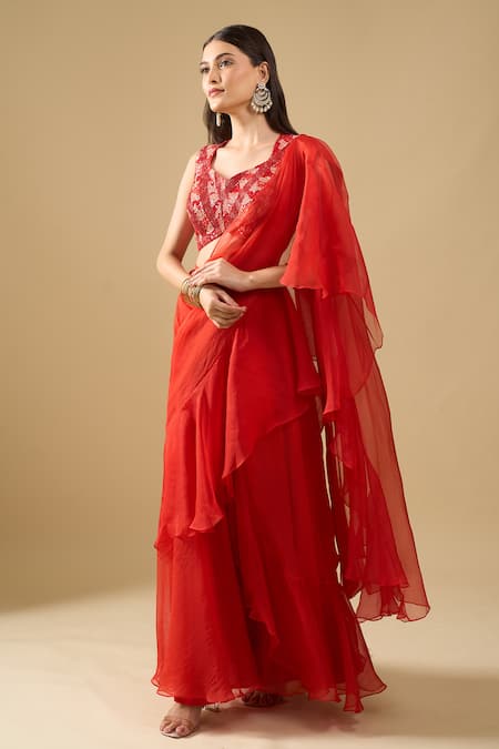 Shop_Archana Shah_Red Sequins V-neck Pre-draped Ruffle Saree With Blouse _Online_at_Aza_Fashions