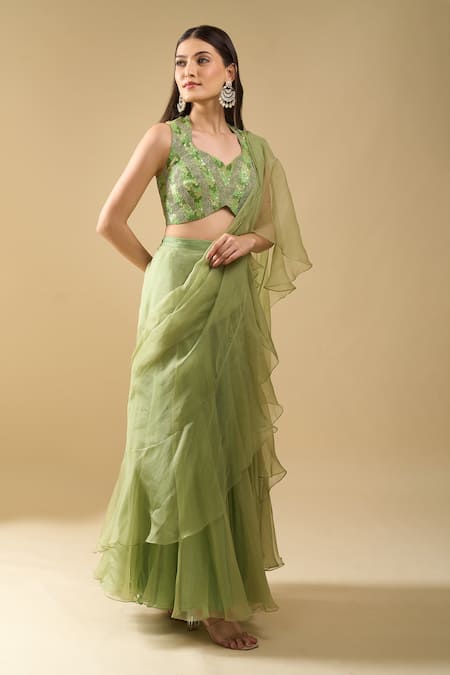 Archana Shah_Green Ruffles, Sequins, Embroidery Halter Neck Pre-draped Saree With Blouse _Online_at_Aza_Fashions