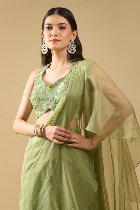 Buy_Archana Shah_Green Ruffles, Sequins, Embroidery Halter Neck Pre-draped Saree With Blouse _Online_at_Aza_Fashions
