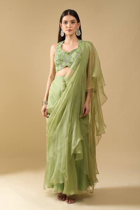 Shop_Archana Shah_Green Ruffles, Sequins, Embroidery Halter Neck Pre-draped Saree With Blouse _Online_at_Aza_Fashions