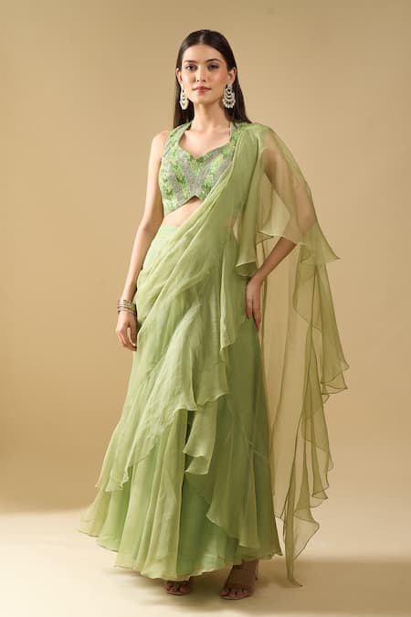 Archana Shah Pre-Draped Ruffle Saree With Sequin Blouse 