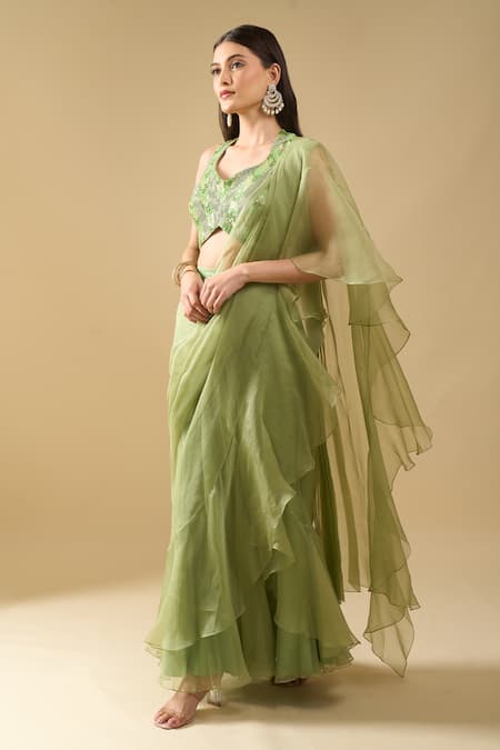 Archana Shah_Green Ruffles, Sequins, Embroidery Halter Neck Pre-draped Saree With Blouse _at_Aza_Fashions