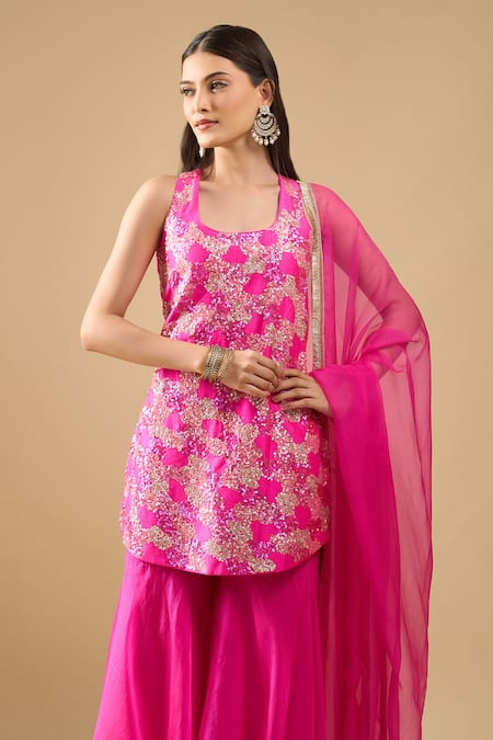 Archana Shah_Pink Organza Sequins, Embroidery Scoop , Square Kurta Set _at_Aza_Fashions