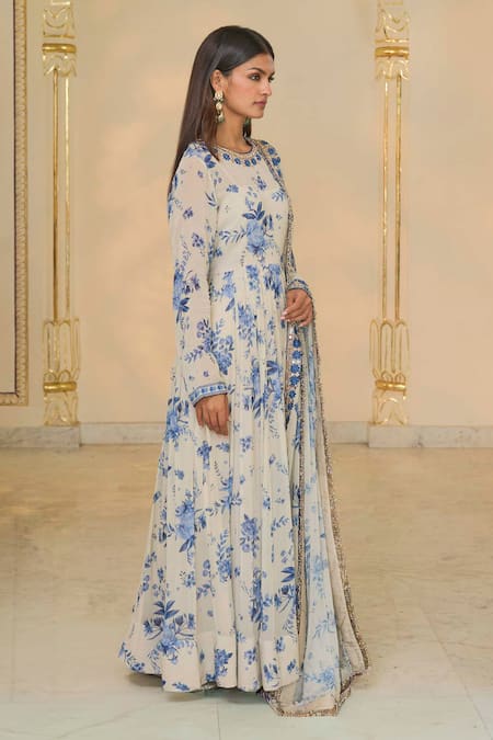Arpita Mehta_Beige Georgette Embroidery, Sequins Round Bloom Print Anarkali Set With Hand _at_Aza_Fashions