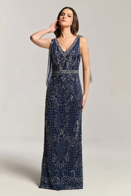 Bling Empire Navy Check Embellished Gown