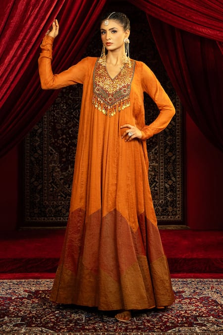 Sonia Baderia Hand Embroidered Gold Chanderi Anarkali 