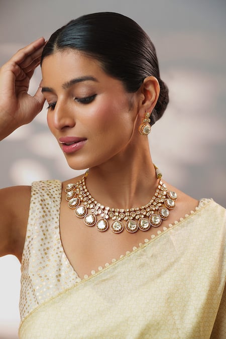 Zevar By Geeta Gold Plated Gemstones, Moissanite Embellished Necklace Set 