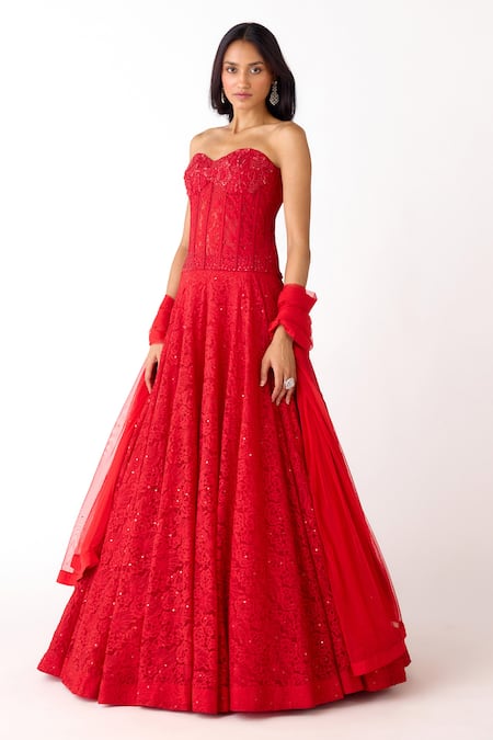 Basanti Kapde aur Koffee_Red Net Sequins, Stones, Beads Sweetheart Neck Chantily Corset Lehenga Set _Online_at_Aza_Fashions