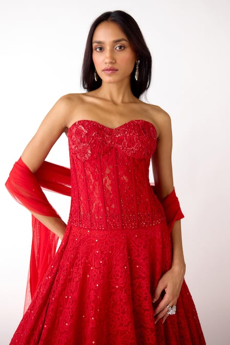 Buy_Basanti Kapde aur Koffee_Red Net Sequins, Stones, Beads Sweetheart Neck Chantily Corset Lehenga Set _Online_at_Aza_Fashions
