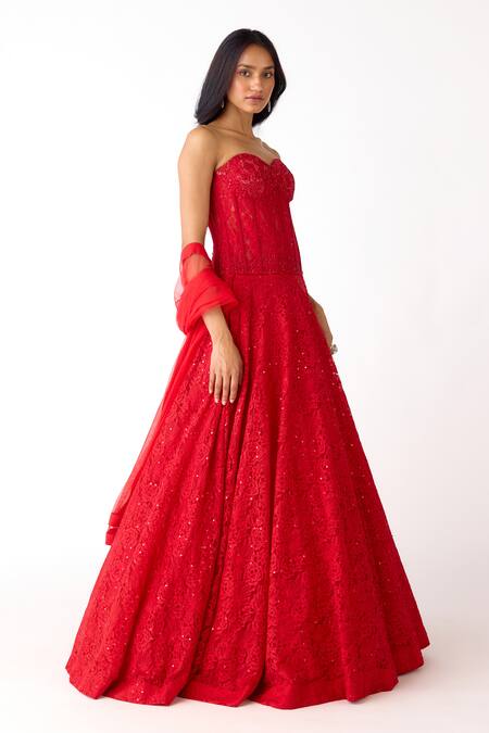 Basanti Kapde aur Koffee_Red Net Sequins, Stones, Beads Sweetheart Neck Chantily Corset Lehenga Set _at_Aza_Fashions