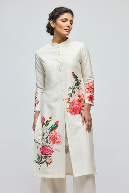 Balance By Rohit Bal_Ivory Chanderi, Voile Mandarin Collar, Button-down Floral Print Tunic With Pant _at_Aza_Fashions