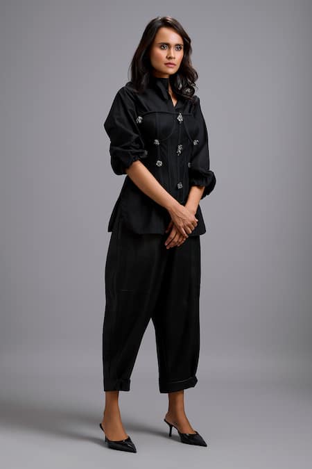 Deepika Arora_Black Faux Leather Tapered Vegan Pant _Online_at_Aza_Fashions