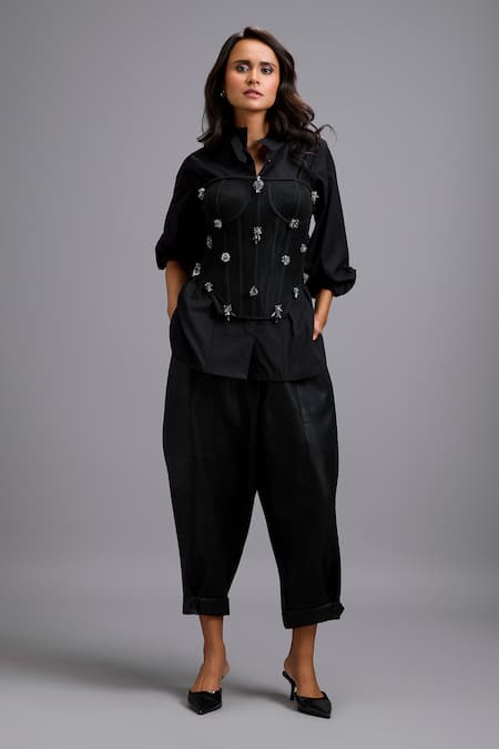 Buy_Deepika Arora_Black Faux Leather Tapered Vegan Pant 