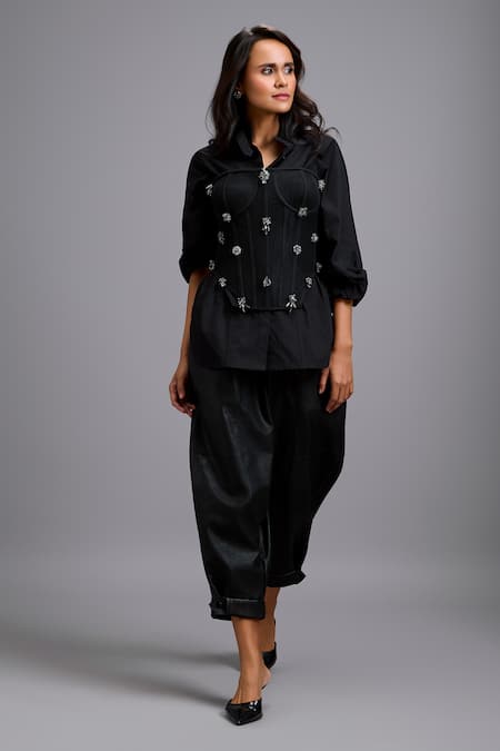 Shop_Deepika Arora_Black Faux Leather Tapered Vegan Pant 