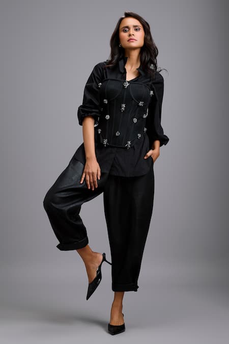 Deepika Arora_Black Cotton, Net Rhinestones Collared, Embellished Corset And Shirt Set _Online_at_Aza_Fashions