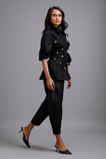 Buy_Deepika Arora_Black Cotton, Net Rhinestones Collared, Embellished Corset And Shirt Set 