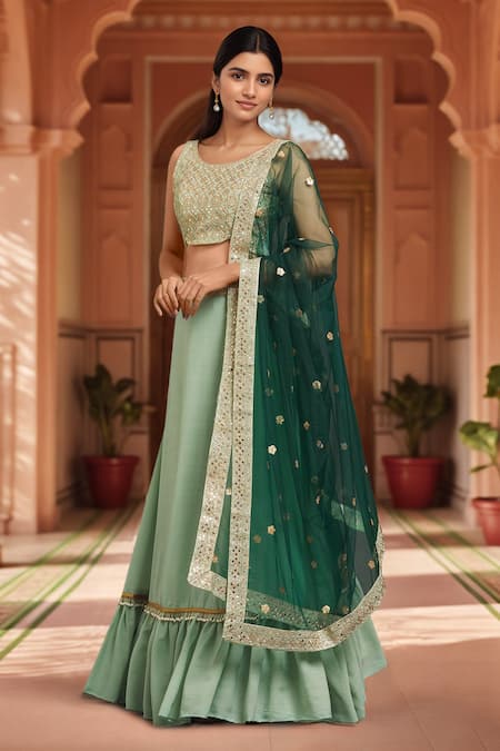 Naintara Bajaj Green Silk, Chiffon, Net Sequins, Diamonds, Embroidered Blouse Lehenga Set