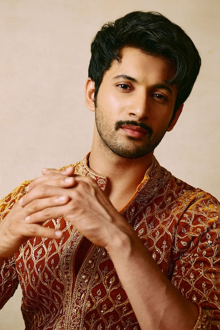 Punit Balana_Orange Velvet, Linen, Satin Embroidery Marodi Work Kurta Set _Online_at_Aza_Fashions