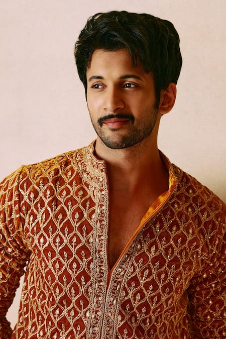 Shop_Punit Balana_Orange Velvet, Linen, Satin Embroidery Marodi Work Kurta Set _Online_at_Aza_Fashions
