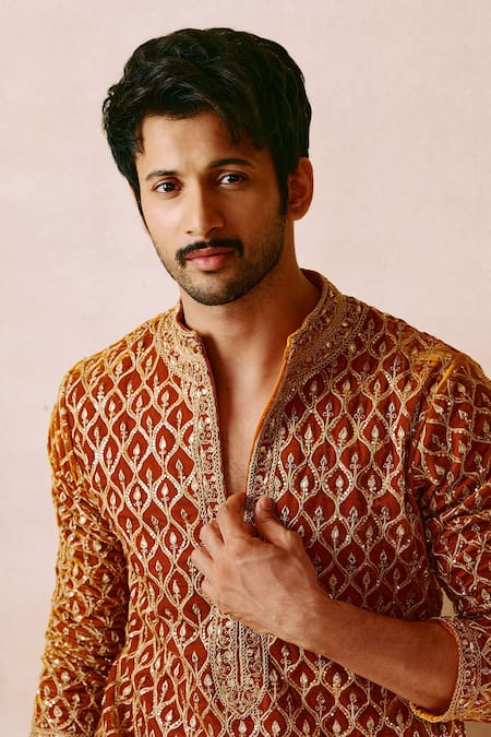 Punit Balana_Orange Velvet, Linen, Satin Embroidery Marodi Work Kurta Set _at_Aza_Fashions