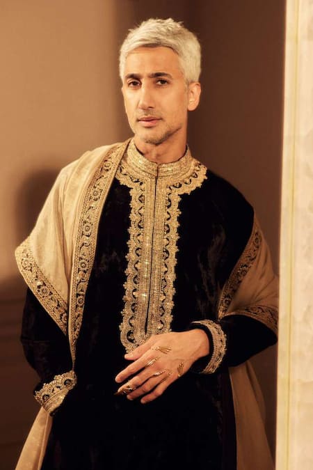 Shop_Punit Balana_Black Velvet, Tissue, Silk Embroidery Amer Kurta Set _Online_at_Aza_Fashions