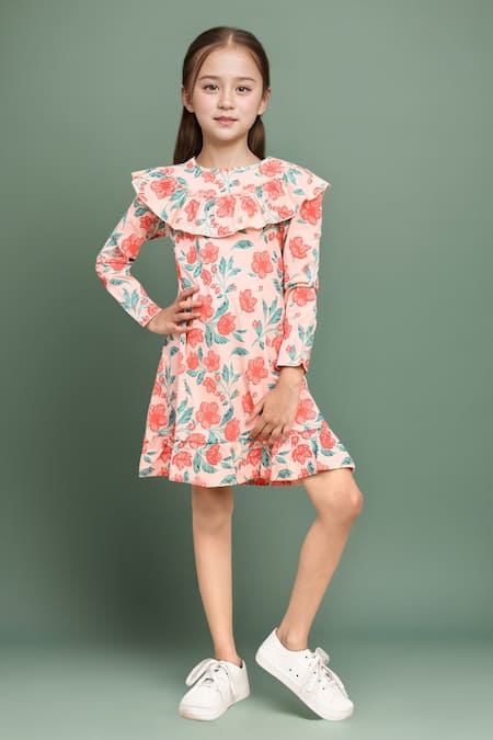 Petite Pomme Floral Printed Dress With Ruffle Details 