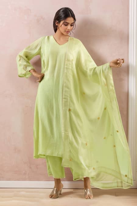 Kanika Sharma Green Chanderi Silk, Modal Gota Patti, Embroidery Floral Kurta Set