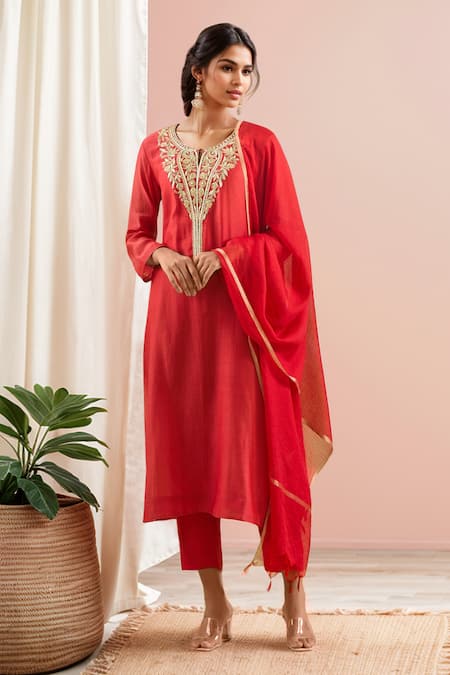 Kanika Sharma Red Chanderi Silk, Modal Embroidery, Beads, Stones Floral Kurta And Pant Set