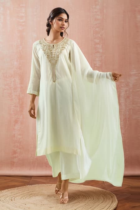 Kanika Sharma Ivory Chanderi Silk, Modal Embroidery, Beads, Stones Floral Kurta Set