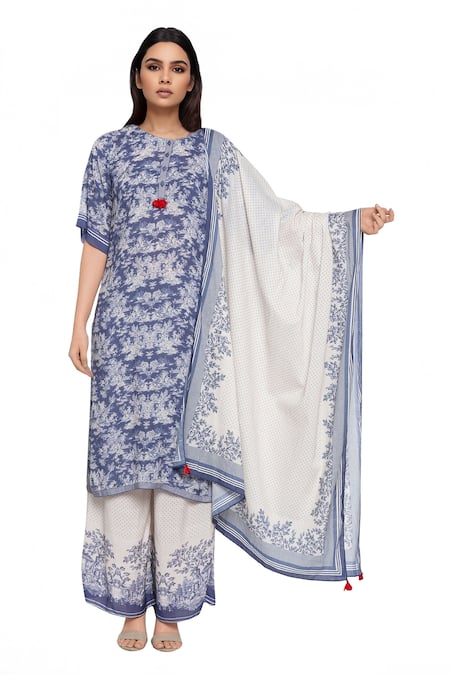 So Us By Sougatpaul Blue Muslin Slub Round Printed Kurta And Palazzo Set 