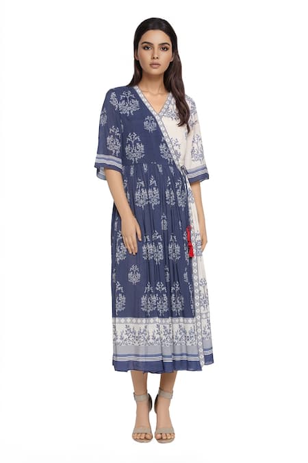 So Us By Sougatpaul Blue Muslin Slub V Neck Printed Anarkali Kurta 