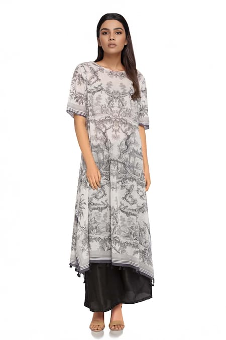 So Us By Sougatpaul Black Round Neck Printed Kurta Palazzo Set 