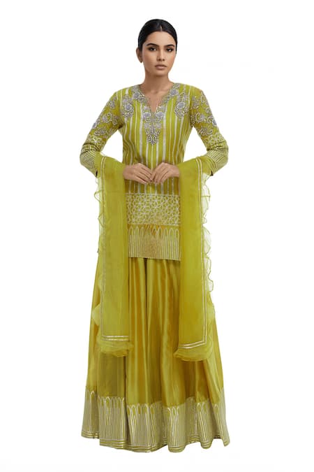 Neha Khullar Yellow Organza, Chanderi Silk Round Neck Kurta Set