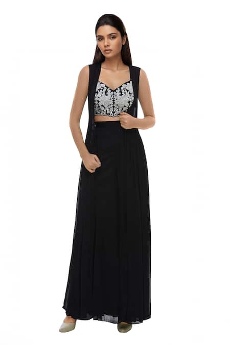 Neha Khullar Black Net, Chanderi Silk V Neck Crop Top Pant Set