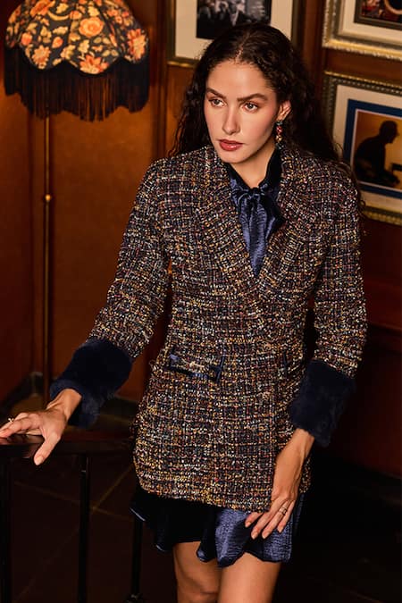Buy_Label Deepika Nagpal_Blue Tweed, Satin Bows Alison Blazer And Tie Dress _Online_at_Aza_Fashions