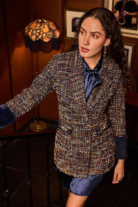 Shop_Label Deepika Nagpal_Blue Tweed, Satin Bows Alison Blazer And Tie Dress _Online_at_Aza_Fashions