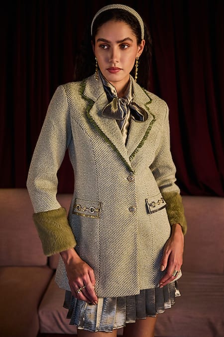 Label Deepika Nagpal_Green Tweed, Satin Metallic Thread, Bows Alison Blazer And Pleated Dress Set _Online_at_Aza_Fashions