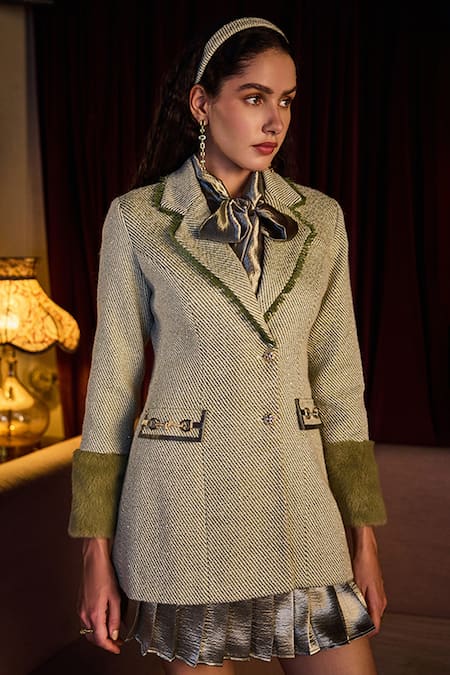 Label Deepika Nagpal_Green Tweed, Satin Metallic Thread, Bows Alison Blazer And Pleated Dress Set _at_Aza_Fashions