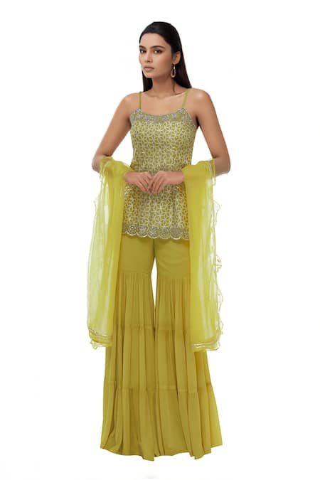 Neha Khullar Yellow Chiffon, Chanderi Silk Square Neck Kurta Sharara Set