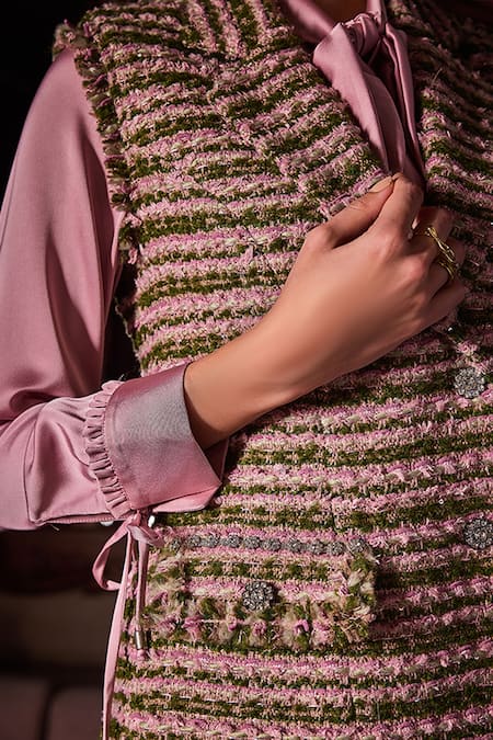 Label Deepika Nagpal_Pink Tweed, Satin Crystals, Stones, Ruffles Carson Blazer With Pleated Dress _at_Aza_Fashions