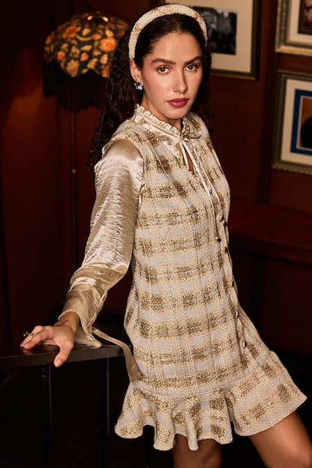 Label Deepika Nagpal_Beige Tweed, Taffeta, Satin Metallic Thread, Glideon Plaid Dress With Shirt _Online_at_Aza_Fashions