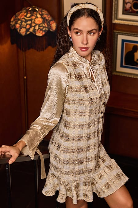 Buy_Label Deepika Nagpal_Beige Tweed, Taffeta, Satin Metallic Thread, Glideon Plaid Dress With Shirt _Online_at_Aza_Fashions