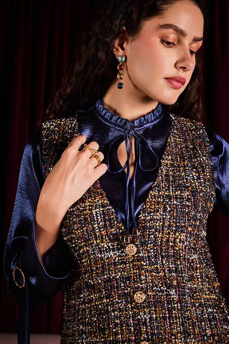 Shop_Label Deepika Nagpal_Blue Tweed, Viscose, Crepe, Satin Metallic Thread, Glideon Dress With Shirt _Online_at_Aza_Fashions